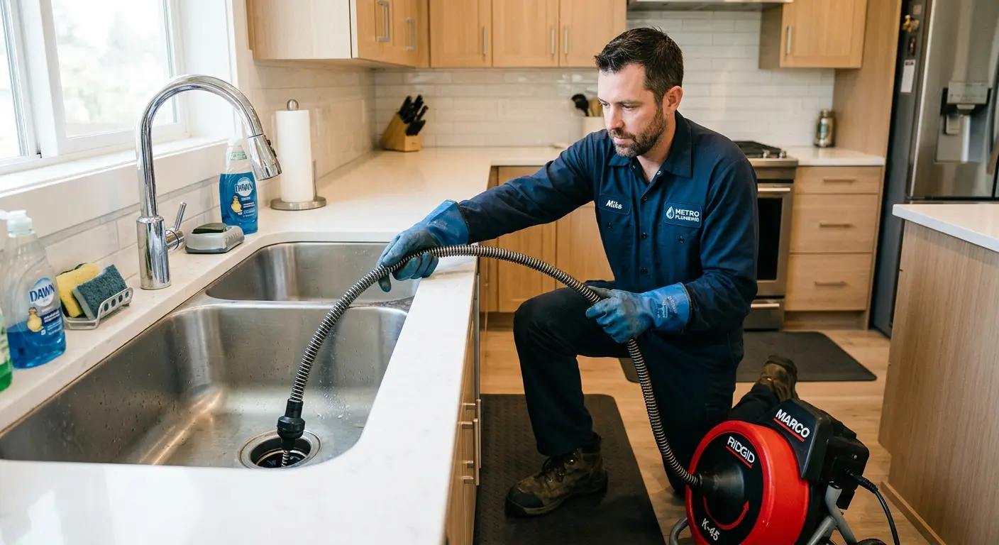 Drain cleaning technician using a motorized snake on a kitchen sink in Carver