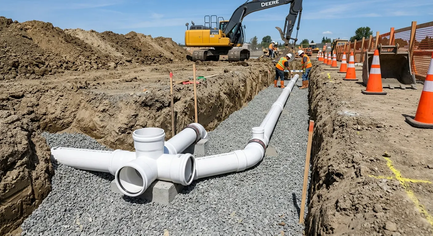 New PVC sewer pipe installation in open trench for Commercial Drain Cleaning in Carver