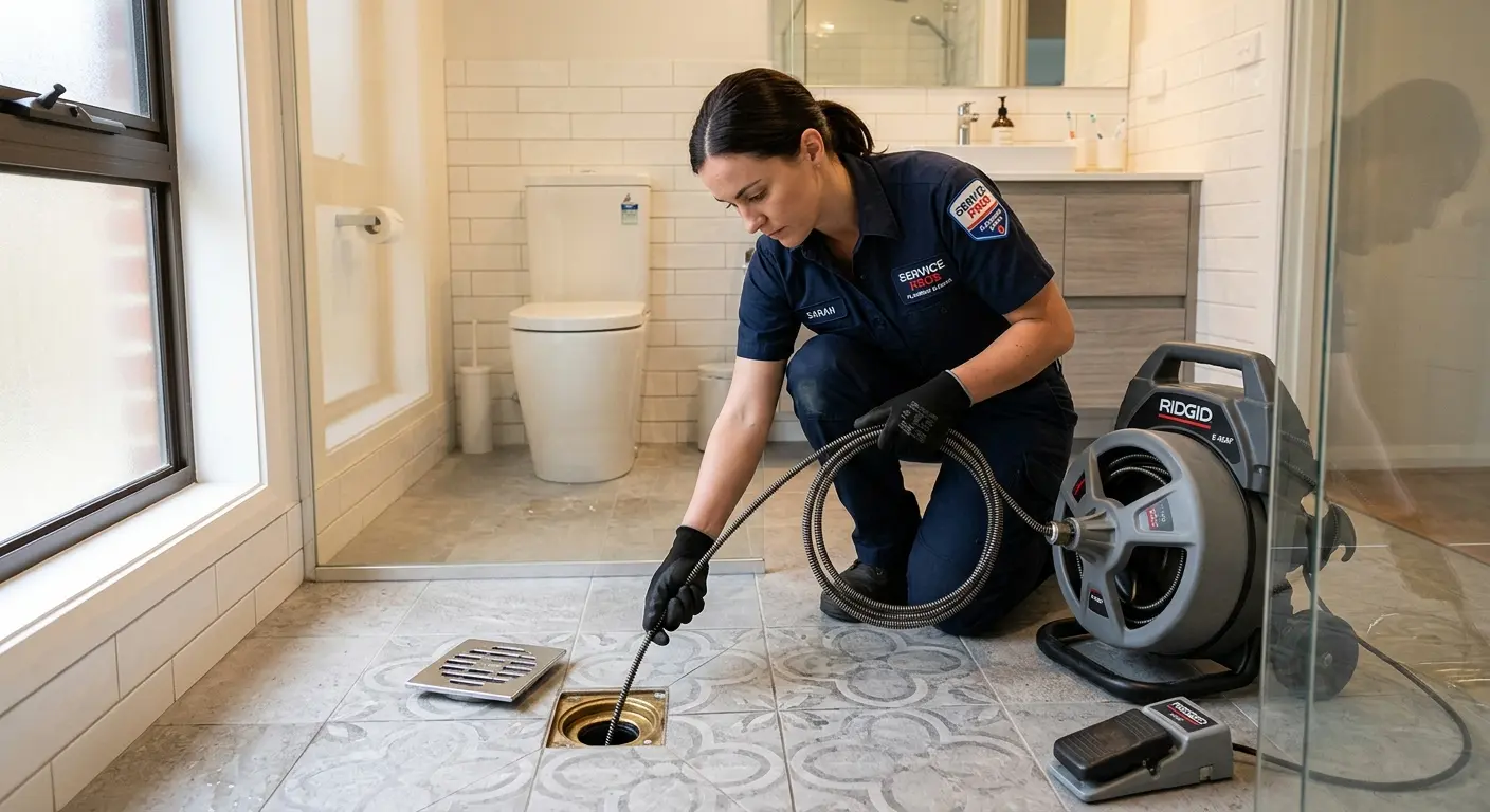 Technician clearing a bathroom floor drain for Clogged Drain Repair in Carver